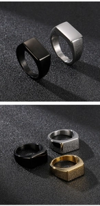 Polished rectangular stainless steel signet rings in black, gold, and silver finishes