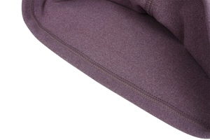 Detailed close-up of smooth stitching and fine knit texture on purple winter fleece neck warmer