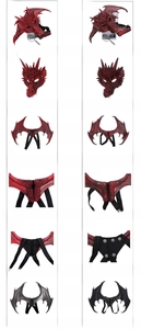 Detailed comparison of red dragon mask and wings set showing scale texture and safety rivets