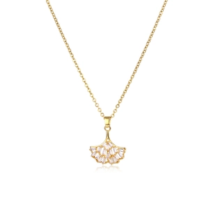 Elegant 18K gold-plated titanium fan necklace with zircon pavé on a white background