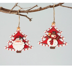 Detail view of 3D layered wooden Santa and Snowman ornaments hanging on rustic branches