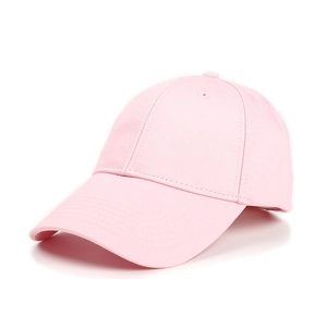 Close-up of light pink six-panel cotton baseball cap with reinforced stitching details