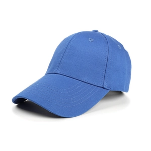 Detail view of a navy blue cotton baseball cap featuring reinforced stitching on curved brim
