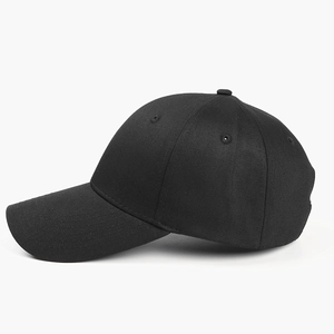 Classic black six-panel cotton twill baseball cap with curved brim from a 45-degree angle