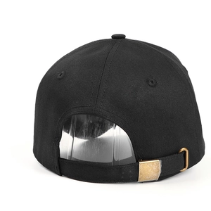 Classic black cotton baseball cap with adjustable brass buckle on a clean white background