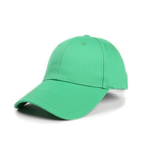 Detail view of cotton baseball cap in bright green with reinforced stitching on the brim
