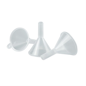 Three clear plastic mini funnels for liquid dispensing shown from different angles on white