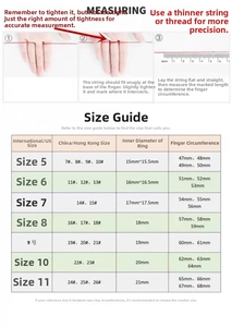 S925 silver ring size chart showing ring measurements and finger sizing instructions