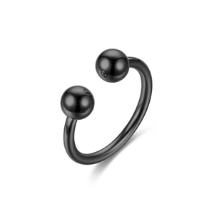 Hip hop style black horseshoe titanium steel ring with double ball ends on white background