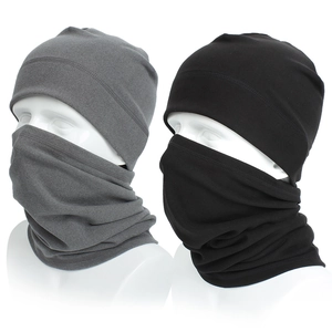 Detail of warm winter beanie and neck gaiter set in black and charcoal grey fleece