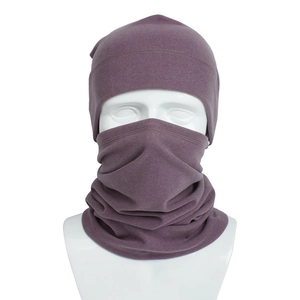 Detail of dark purple thermal fleece beanie and neck warmer set for winter outdoor use