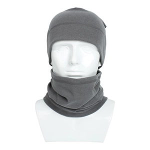 Detail of grey fleece winter hat and neck warmer set showing soft fabric texture