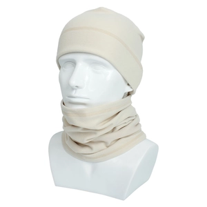 Close-up of cream fleece beanie and neck gaiter set with durable flatlock stitching