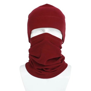Detail of burgundy fleece winter hat and neck warmer set on a white mannequin head