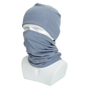 Close-up of dark grey blue fleece hat and neck warmer set for outdoor warmth