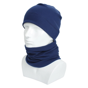 Detail of navy blue fleece winter beanie and neck warmer set for outdoor wind protection
