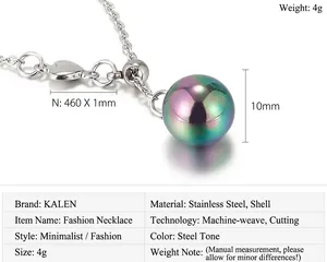 Detail view of 10mm iridescent shell pearl pendant on stainless steel chain with specs