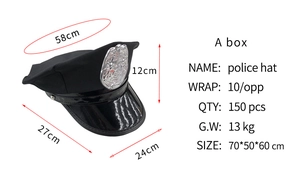 Detailed dimensions of a black police hat with silver badge and 58cm circumference
