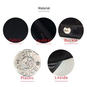 Detail shots showing the black fabric, leather brim, and metal buckle of the police hat
