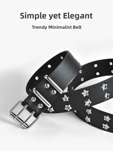 Detail of black punk leather belt featuring star-shaped eyelets and double pin buckle