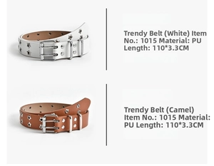 Detail view of retro PU belts with star studs, double pin buckle in white and camel