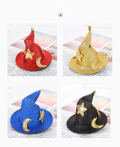 Glittery mini witch hats in red, gold, blue, and black with star and moon sequins