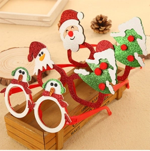 Monturas de gafas navideñas con purpurina de Papá Noel, muñeco de nieve y árbol.