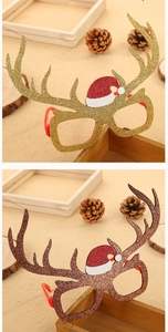 Close-up of sparkling Christmas reindeer antler glasses frames with festive glitter finish