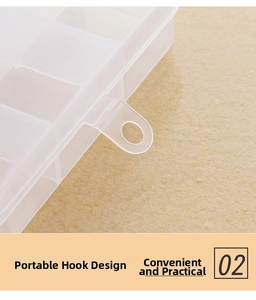 Close-up of portable side hook design on clear plastic 15-compartment storage box