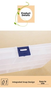 Detail of transparent storage box featuring a secure blue integrated buckle closure