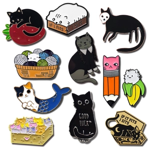Set of 10 cute cartoon cat enamel pins including strawberry and banana cat designs