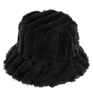 Detailed close-up of high-quality black faux fur bucket hat with striped plush texture