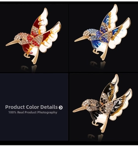 Detailed view of enamel hummingbird brooches with multi-color rhinestones in three finishes