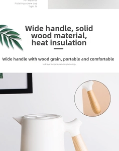 Detail of ergonomic wooden handle and white thermal carafe with minimalist Nordic design