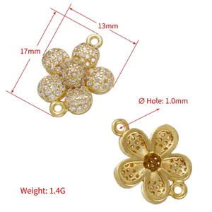 Golden micro-pave zircon flower pendant connectors for jewelry making 17x13mm