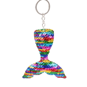 Reversible sequin mermaid tail keychain with rainbow finish and silver metal ring