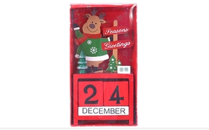 Close-up of wooden Christmas countdown calendar with reindeer and date blocks