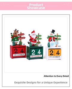 Detailed view of three wooden Christmas countdown calendars with Santa and snowman figures