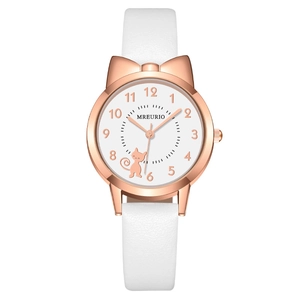 Elegant cat-ear rose gold watch with white leather strap and numeric dial for girls
