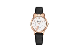 Detail of rose gold cat-ear watch case with black leather strap and cute kitten dial