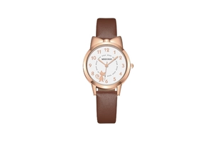 Close-up of white dial with cute cat pattern and brown leather strap on quartz watch