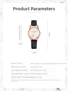 Detailed spec sheet showing cat-ear rose gold quartz watch with black leather strap