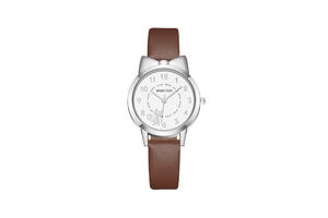 Detail of quartz watch with brown leather strap, silver cat-ear case and kitten dial