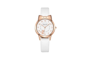 Detail of white leather strap girl watch with rose gold cat bezel and Arabic numerals