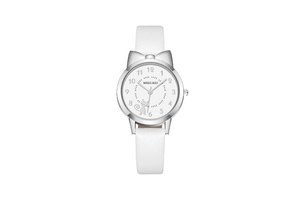 Close-up of white leather watch strap with silver cat ear case and kitten dial design