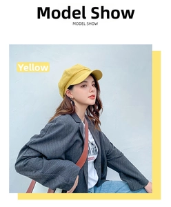 Close-up of a stylish yellow cotton linen octagonal newsboy cap worn by a model