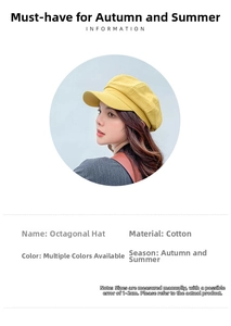 Detailed size and material specification sheet for cotton yellow newsboy cap accessory