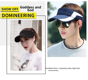 Detail view of quick-dry sun visor hats in black and blue-white for outdoor sports