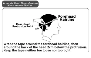 Size guide for sun visor hat showing how to measure head circumference with a tape measure