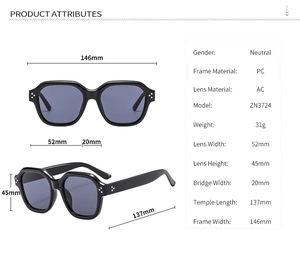 Detailed specifications of square PC frame sunglasses with rivet accents and AC lenses